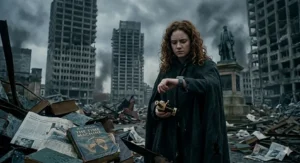 A grim, atmospheric scene depicting a protagonist in a tattered cloak arriving in a desolate, ruined version of a recognizable British city, representing dystopian time travel books.