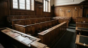 A high-detail photograph of an empty, shadowed wooden jury box inside a historic UK courtroom, evoking the tension and suspense of a pending legal verdict.