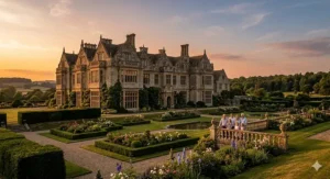 Alt text for image 4: A grand English country estate at sunset with a family gathered on the manicured lawn, a classic family drama setting.