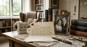 Alt text for image 8: A hand-written letter revealing family secrets resting next to a vintage black-and-white photograph and a cup of tea.