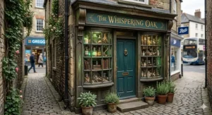 A secret magical shop called The Whispering Oak tucked into a narrow British high street alleyway near a Greggs and Boots.