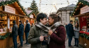 A cozy winter scene of a queer couple sharing a scarf at a traditional British Christmas market with a Ferris wheel and festive wooden stalls in the background.