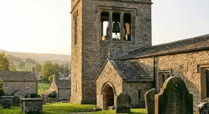 A spectral figure in Regency-era dress reaching out to a modern woman in a haunted English country garden with stone statues and creeping ivy.