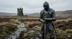 A towering Gothic castle built into a jagged cliffside under a moody, grey sky with thick mist clinging to the Highlands-style moorland below.