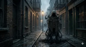 A photorealistic knight in detailed, battle-scarred black armour standing on a desolate British moorland path leading toward a ruined stone tower.