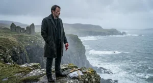 A brooding Detective Inspector in a trench coat standing on a windswept Scottish cliffside near a ruined castle overlooking a grey, turbulent sea.