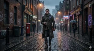 A magical detective in a long coat walking down a rain-slicked Manchester side street past a red post box.