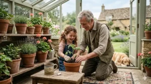 An older British man and a young girl gardening together in a greenhouse, planting seedlings in terracotta pots.