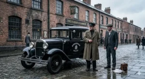 A 1920s black Birmingham Police car parked on a wet, cobbled street in front of The Plough and Harrow pub, featuring officers in period-correct uniforms.
