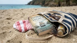 A high-detail photograph of a canvas beach bag on a sandy beach with a historical fiction novel cover visible next to a striped towel.