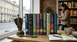 A photorealistic 4K photograph capturing an artistic arrangement of nine historical fiction novels named Women's Prize winners on a weathered oak study desk in a traditional British library.
