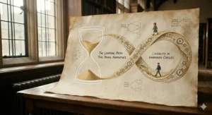 A conceptual illustration of a large hourglass looping back into an elegant infinity symbol, representing the narrative structures of infinite causality loops and paradoxes in time travel stories.