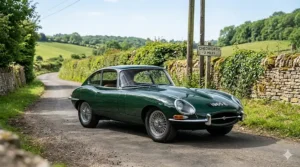 A photorealistic front-three-quarter view of a British Racing Green Jaguar E-Type parked on a narrow English country lane next to a dry stone wall and a traditional wooden signpost.