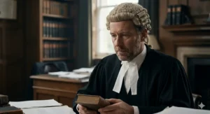 Close-up of a signed legal contract and an open evidence log book on a rustic wooden table, with a classic fountain pen and a view of London terraced houses through the window.