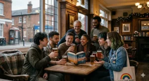 A diverse group of friends gathered around a wooden table in a classic British pub, drinking pints of ale and discussing a queer romance novel during a book club meeting.