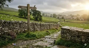 A rain-slicked London street at night with a glowing magical portal reflecting in a puddle, captured in a moody urban fantasy style for a paranormal romance setting.
