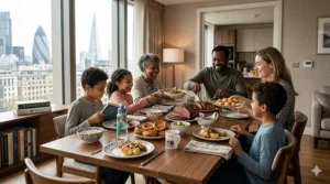 Alt text for image 7: A contemporary British family enjoying a Sunday roast dinner in a modern London flat with views of the City of London skyline.