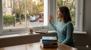 A woman looking out of a traditional sash window at a red double-decker bus on a London street, reflecting contemporary British women's fiction themes.