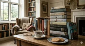 Alt text for image 9: A stack of popular British family saga novels next to a cup of tea and a plate of digestive biscuits in a cosy study.