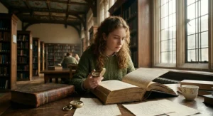An illustration of the historic Duke Humfrey's Library in Oxford, with a student researcher discovering an ancient folio that enables time travel.