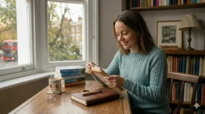 A woman smiling as she opens a brown paper book parcel at her desk, capturing the excitement of a new women's fiction release.