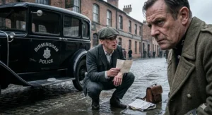 A photorealistic 4K close-up of a flat-capped detective with facial abrasions holding an old letter while consulting a senior officer on a rain-slicked Birmingham street during a historical crime investigation.