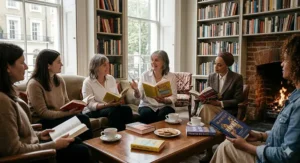 A photorealistic 4K photograph capturing a diverse, all-female British reading group gathering comfortably in a cosy London living room, discussing recent Women's Prize for Fiction winners in natural light.