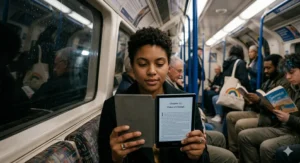 A young woman reading an LGBTQ+ romance fiction e-book on a digital device while travelling on a London Underground train during a rainy morning commute.