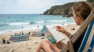 A detailed close-up of a hand holding an open paperback novel as waves crash gently in the distance on a dynamic British beach, with striped windbreaks visible.