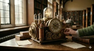 A detailed drawing of a complex, vintage brass time machine inspired by classic 19th-century British adventure stories and early H.G. Wells novels.