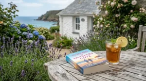 A contemporary romance paperback next to a glass of iced tea on a weathered wooden garden table in a British seaside garden.