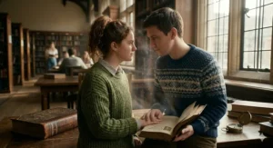 A tender illustration of two lovers separated by a shimmering temporal portal, representing the heart-wrenching time-slip romance found in some time travel fiction.