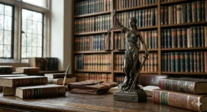 A bronze statue of Lady Justice holding scales and a sword, positioned on a solicitor's desk in front of a floor-to-ceiling bookshelf filled with leather-bound law reports.