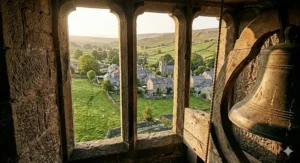 A large grey wolf standing on a rugged cliffside in the Scottish Highlands under a full moon, depicting a shifter romance theme with high detail.