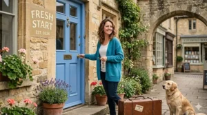 A smiling woman stepping through a blue shop door marked Fresh Start on a charming UK high street, symbolising a new chapter.