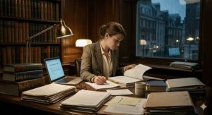 A female solicitor in a tweed blazer working late at a desk covered in case files and legal briefs, illuminated by a warm desk lamp with a rainy London street visible outside.