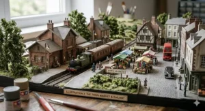 A miniature diorama of a bustling British town market and railway station, evoking the atmospheric setting of a classic espionage thriller.