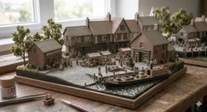A detailed scale model of a canal-side warehouse and market square in a British village, with figures engaged in a clandestine meeting.