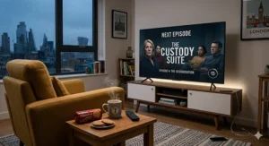 A cosy London flat on a rainy evening with a mug of tea and Digestive biscuits, featuring a TV screen displaying The Custody Suite next episode prompt for a crime series UK to binge.