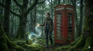 A magical woman with antlers standing in a misty British woodland next to an overgrown red telephone box.