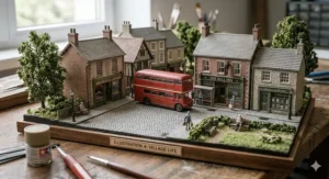 A scale model of a quintessential British village square featuring a red double-decker bus, a local pub called The Bell Inn, and a small library.