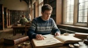 A clear diagram in an old book illustrating the Grandfather Paradox, a key concept explored in many hard science fiction time travel novels, inside an Oxford University library.