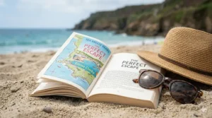 A colourful paperback novel open on the sand next to sunglasses and a straw hat on a British beach.