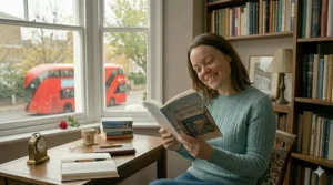 A photorealistic scene of a woman reading by a window, including a vintage brass clock and spectacles on a wooden tabletop.