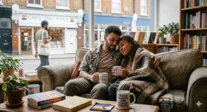 A trans man and his partner relaxing on a sofa in a London flat, holding mugs that read Gay's the Word and Trans Rights are Human Rights, highlighting inclusive queer fiction.