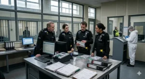 A photorealistic 4K image of actors portraying British police officers gathered intensely around a major incident case file in a modern UK police custody suite.
