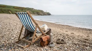 A striped blue and white deckchair on a British pebble beach with a book, a flask of tea, and white cliffs in the background.