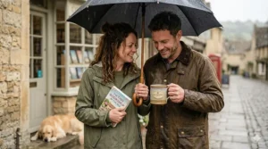 A man and woman sharing a black umbrella on a rainy Cotswold street, holding a cup of tea and an uplifting paperback book.