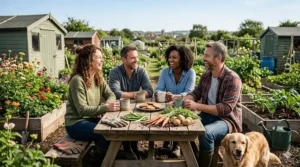 A diverse group of British friends laughing together over tea and biscuits at a community garden allotment in the UK.