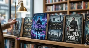 A close-up of modern urban fantasy book covers on a wooden shelf in a British bookshop.